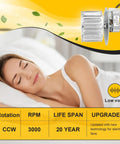 Bathroom Exhaust Fan Motor Assembly With Quiet Operation High Airflow No Sweat Install. Woman sleeping peacefully beside product specs.