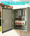 Heavy Duty Carbon Steel Electrical Enclosure 10x8x6 Inch IP66 Waterproof Metal Junction Box with open door showing interior wiring.