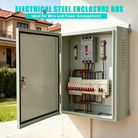 Heavy Duty Carbon Steel Electrical Enclosure 10x8x6 Inch IP66 Waterproof Metal Junction Box with open door showing interior wiring.