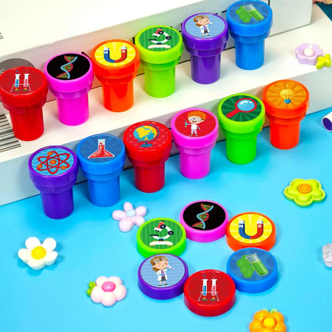 Science Party Stampers 24 Pack With 12 Designs Super Fun For Science Birthday Parties, Classroom Rewards, Goodie Bags