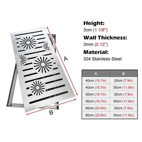 Heavy Duty Sewer Drainage Grate And Base For Large Outdoor Catch Basin Trench Cover Built From Tough 304 Stainless Steel showing dimensions and specifications.