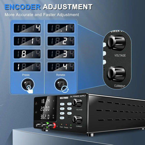 60V 20A DC Power Supply For Battery Charging with encoder knob, digital display, and voltage/current controls