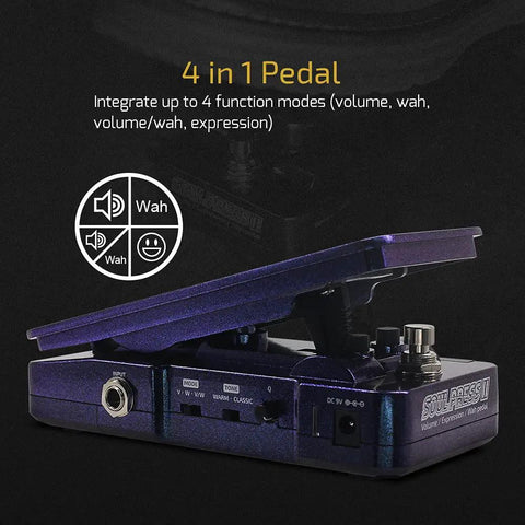 4 In 1 Guitar Effects Pedal With Active Wah, Expression, And Dual Volume Modes shown in close-up with visible LEDs and switches.