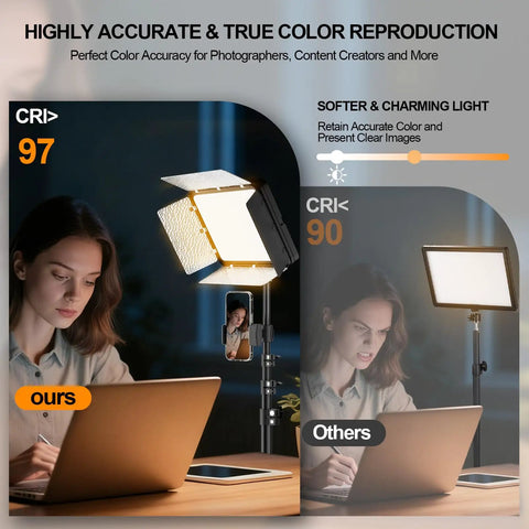 LED Video Light Kit With Phone Holder And Barndoor, 2800K To 7000K Dimmable Studio Lights showing color accuracy with laptop setup