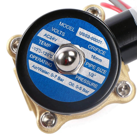 Top view of half inch brass electric solenoid valve 24VAC normally closed with Viton seal, focus on label and specifications.