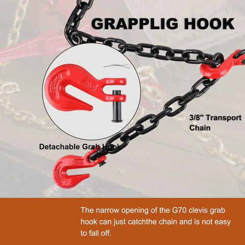Heavy Duty G80 Grade Transport Binder Chain 3/8 Inch By 20 Feet With Clevis Grab Hooks showing detachable red grab hook.