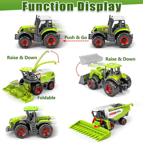 Five Pack Diecast Farm Tractor Toy Set With Combine Harvester And Digger Loader showing functions and movements