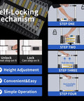 Instructions showing self-locking steps for Aluminum Telescoping Ladder 16 Point 5 Feet Extension With Triangle Stabilizers, Anti Slip Wide Pedals.