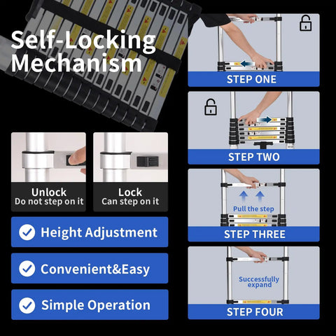 Instructions showing self-locking steps for Aluminum Telescoping Ladder 16 Point 5 Feet Extension With Triangle Stabilizers, Anti Slip Wide Pedals.