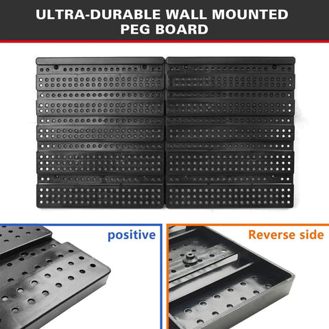 Ultra-durable wall mounted peg board with reverse and positive sides displayed