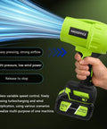 Powerful Cordless Leaf Blower With 21V Battery And Charger, showing airflow settings and hand grip, lightweight green design.