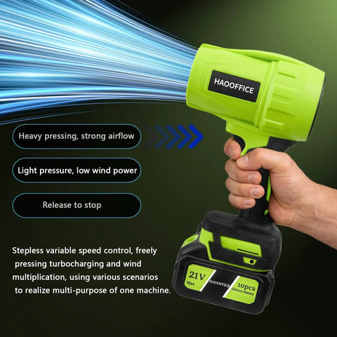 Powerful Cordless Leaf Blower With 21V Battery And Charger, showing airflow settings and hand grip, lightweight green design.