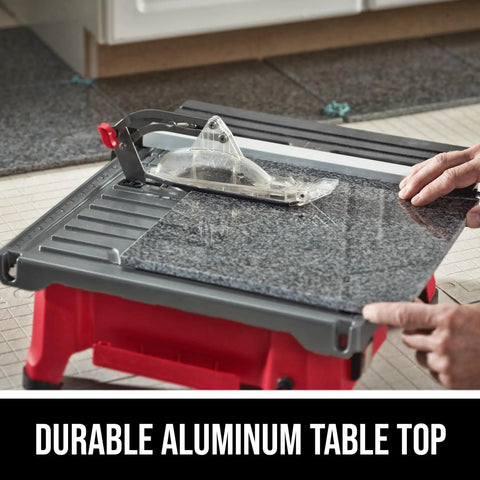 7 Inch Wet Tile Saw With HydroLock Water Containment System for No Mess Cuts, sliding side extension shown on a durable aluminum table top