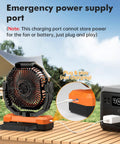 3 In 1 Portable Camping Fan With Light And Power Bank Detachable 36000mAh Battery on a table displaying plug-in feature.