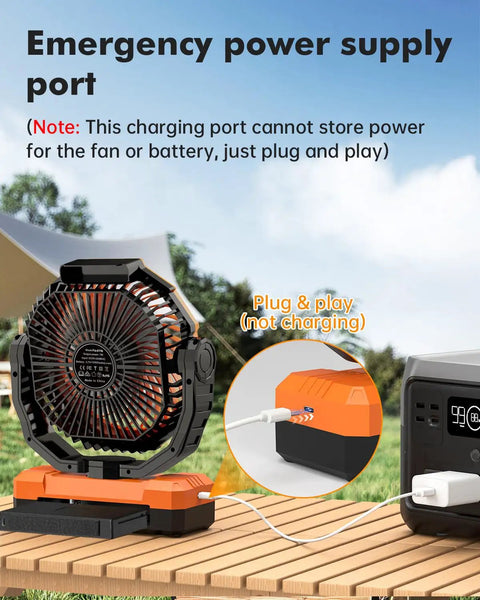 3 In 1 Portable Camping Fan With Light And Power Bank Detachable 36000mAh Battery on a table displaying plug-in feature.