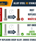Comparison of alloy vs stainless steel screws, showing rust and durability differences over 2 months.
