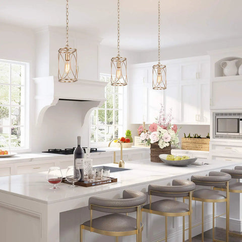 Gold Cage Pendant Light For Kitchen Island And Hallways, modern fixture over a white kitchen island with bar stools and decor