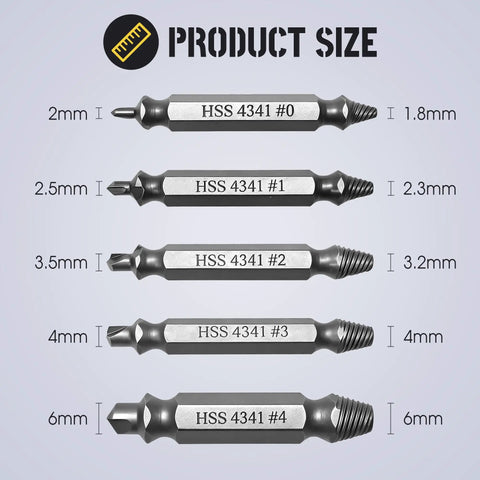 Six-Piece HSS Screw Extractor Set For Damaged Stripped And Broken Bolts No-Hassle Removal, showing extractors sizes 0 to 4