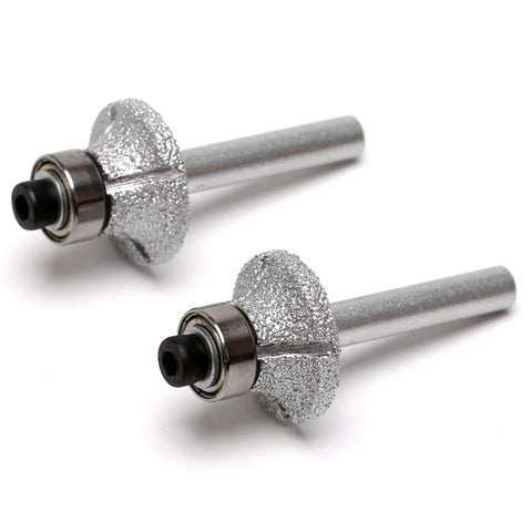 Vacuum Brazed Diamond Router Bit 1/4 Inch Shank For Marble Granite And Travertine Delivers Hella Smooth Bullnose Edge Profiles On Countertops And Shower Curbs Making Your Renovation Look Absolutely Sick, showing two bits from front angle.