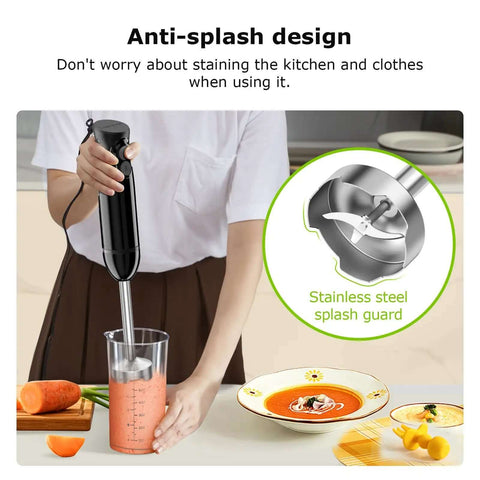 Hella Powerful 300 Watt Immersion Hand Blender Wand Features Sharp Stainless Blade Set in use blending soup with anti-splash design.