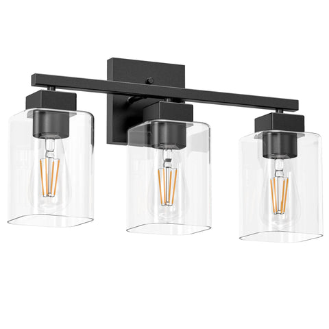 Matte Black Bathroom Vanity Light Three Light Fixture Over Mirror With Square Design UL Listed Wall Sconce Clear Glass Shades E26 Socket Bulbs Not Included