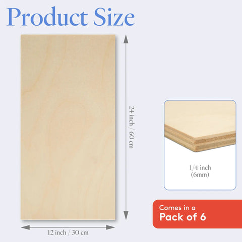 Baltic Birch Plywood Sheets 6 mm Thick 1/4 X 12 X 24 Inch Pack Of 6 B/BB Grade craft wood dimensions illustration.