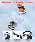 Beast Mode 40V Electric Ice Auger With 8 Inch Diameter For Ice Fishing, showing cutting blades and drilling into ice