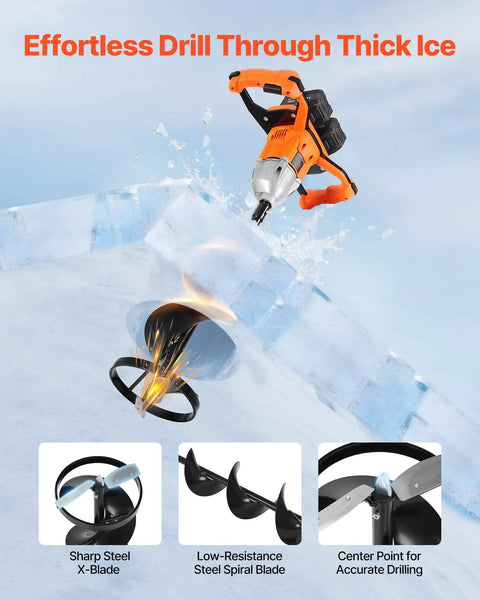 Beast Mode 40V Electric Ice Auger With 8 Inch Diameter For Ice Fishing, showing cutting blades and drilling into ice