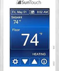 Command Touchscreen Programmable Thermostat for Electric Floor Heating displaying set temperature and time