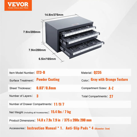 Pro Grade Three Drawer Drill Bit Dispenser Cabinet With 27 Compartments Cold Rolled Steel Drill Bit Organizer For Letter Sizes A To Z Clear Labeled Storage Case For Quick Access And Easy Setup