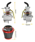 PZ20 Carburetor Kit Fits 50cc to 125cc Chinese Kids ATVs Quad Go Karts with 4 Stroke Engines, showing dimensions and air filter