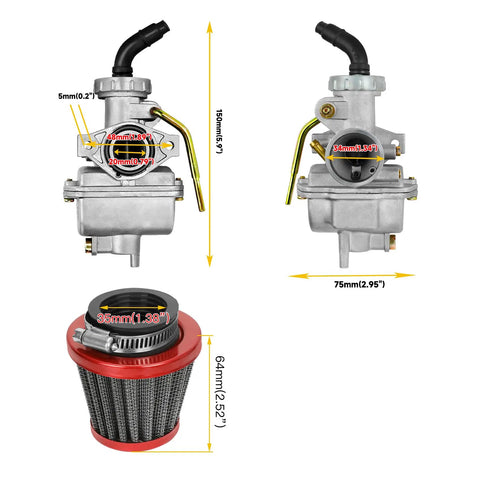 PZ20 Carburetor Kit Fits 50cc to 125cc Chinese Kids ATVs Quad Go Karts with 4 Stroke Engines, showing dimensions and air filter