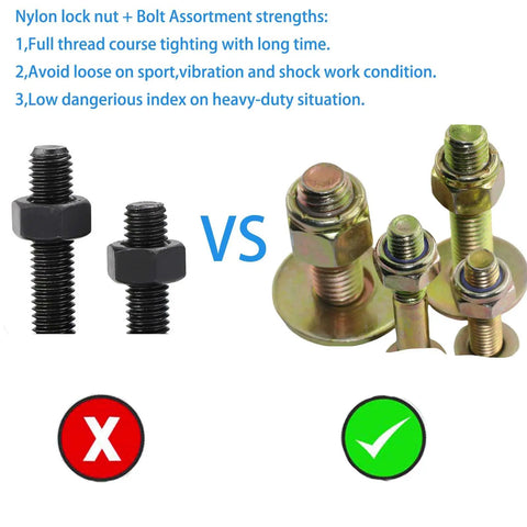 Built Tough 7/16 X 3 Inch Grade 5 Hex Head Bolts With Reliable Nylon Lock Nuts And Massive Flat Washers Zinc Coated Alloy Steel side by side comparison of bolts
