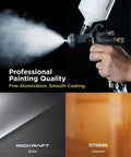 Hand holding Game Changing Lvlp Air Spray Paint Gun Kit Built For Crisp Auto Touch Ups And Weekend Workshops, producing fine mist.