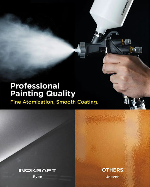 Hand holding Game Changing Lvlp Air Spray Paint Gun Kit Built For Crisp Auto Touch Ups And Weekend Workshops, producing fine mist.