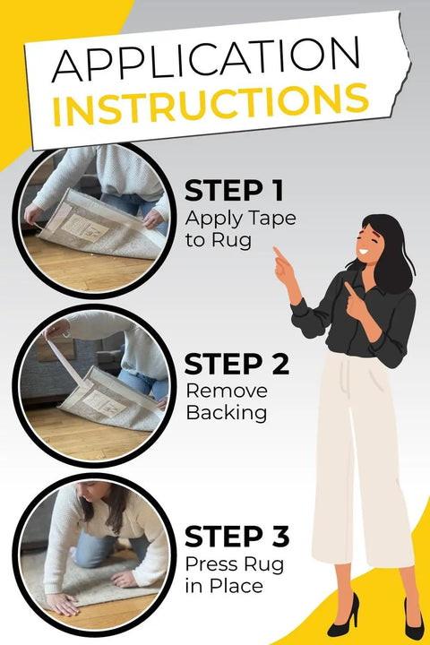 Application instructions for Double Sided Carpet Tape Heavy Duty Rug Gripper For Carpet Hardwood Floors Vinyl Tile And Concrete
