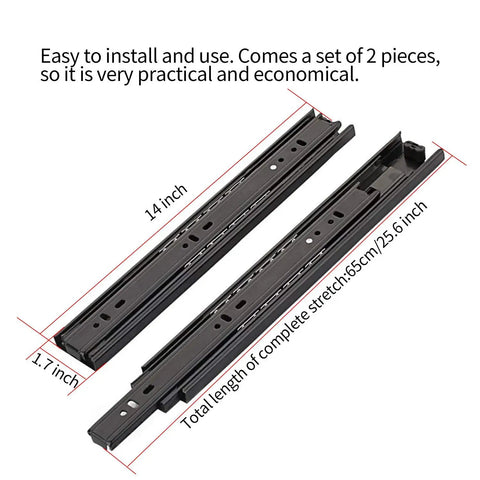 Heavy Duty 14 Inch Full Extension Drawer Slides Featuring Slick Ball Bearing Glides And Rust Resistant Zinc Coated Steel Rails for kitchen use, 2 pieces.