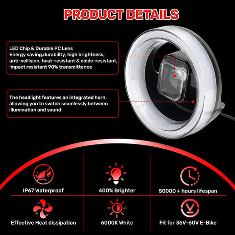 Upgraded Headlight Kit For Tuttio Soleil01 Electric Drit Bike With Waterproof LED Front Lamp and Integrated Horn