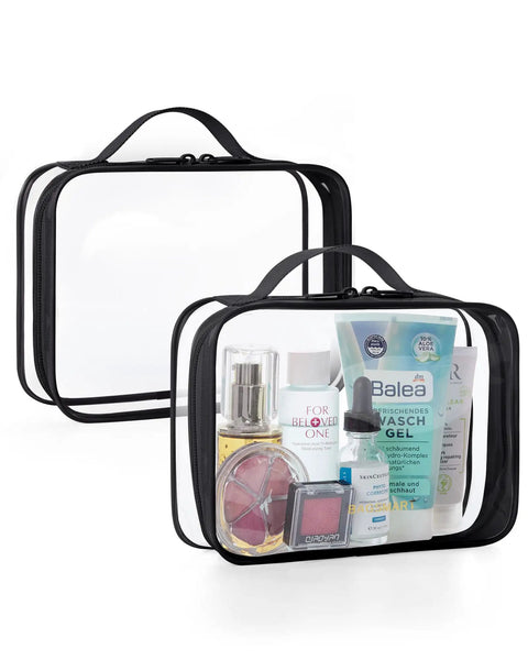 Clear TSA Approved Travel Toiletry Bags Set Of Two With Water Resistant Design And Quart Size Compliance For Women Makeup Organizer And Airport Security Friendly No Hassle Carry On Travel Accessories displaying toiletries