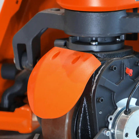 Close-up of the mechanism of the Rock Solid Fully Electric Pallet Jack With A Massive 3300 Lb Capacity and Quick-Charge Lithium Battery.