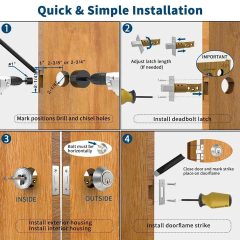 Illustrated installation guide for All New Deadbolt Door Lock Set Heavy Duty For Exterior Front Doors With ANSI BHMA Grade 3.