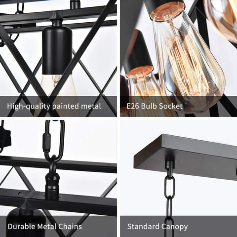 Dope Industrial Kitchen Island Pendant Light Fixture With E26 Base 4 Light Black Metal Pendant Rectangular Vintage Design Rustic Farmhouse Ceiling Light For Kitchen And Dining Room showing details of metal frame, E26 sockets, chains, and canopy
