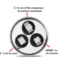 Top view of 45 Plus 5 MFD Dual Run Capacitor For Air Conditioner And Heat Pump, 370 440 VAC, CBB65 Round Design, labeled connections