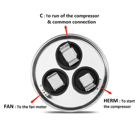 Top view of 45 Plus 5 MFD Dual Run Capacitor For Air Conditioner And Heat Pump, 370 440 VAC, CBB65 Round Design, labeled connections
