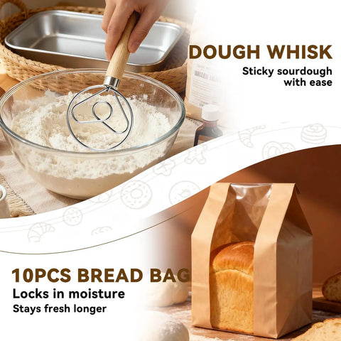 Danish dough whisk in a bowl of flour and 10pcs bread bag with loaf from All In One Sourdough Starter Kit With 9 Inch Round And 10 Inch Oval Banneton Proofing Baskets Starter Jar Bread Sling Lame Danish Dough Whisk And Resealable Bags For Easy Home Baking.