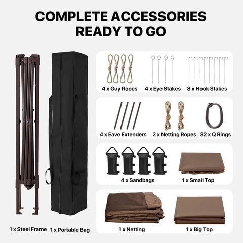 Complete accessories for the 11x11 Pop Up Gazebo With Mesh Netting And UPF 50 Plus UV Protection, including frame and ropes.