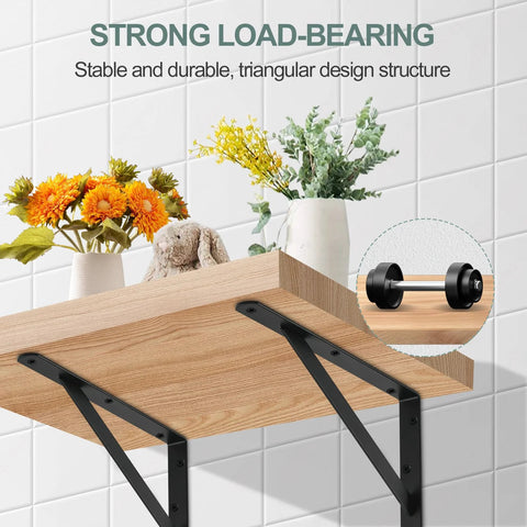Floating wooden shelf supported by 12 Pack Heavy Duty L Shaped Shelf Brackets 12 Inch Long Black With Screws, showcasing load-bearing design.