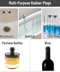 Collage showing uses of 90 Pcs Silicone Rubber Hole Plugs Set With 9 Diameter Sizes for washbasin, bathtub, test tubes, and bottles.