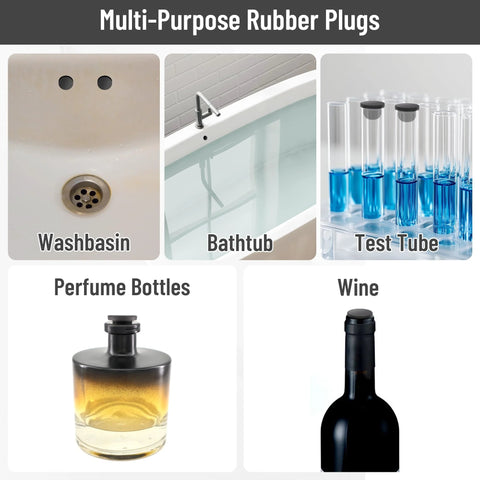Collage showing uses of 90 Pcs Silicone Rubber Hole Plugs Set With 9 Diameter Sizes for washbasin, bathtub, test tubes, and bottles.