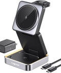 3 In 1 Magnetic Wireless Charger Station Foldable With Light For Apple Magnetic Charger Travel Stand Nightstand Dock Fast 15W Wireless Charging Includes 20W Power Adapter, black, foldable design with charging cables